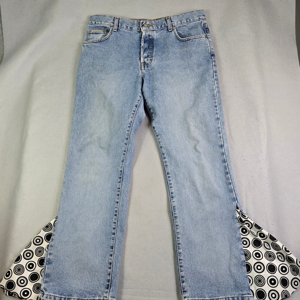 Calvin Klein Jeans Custom Flare‎ Women 34x30 Blue Circle Print Insert Button Fly